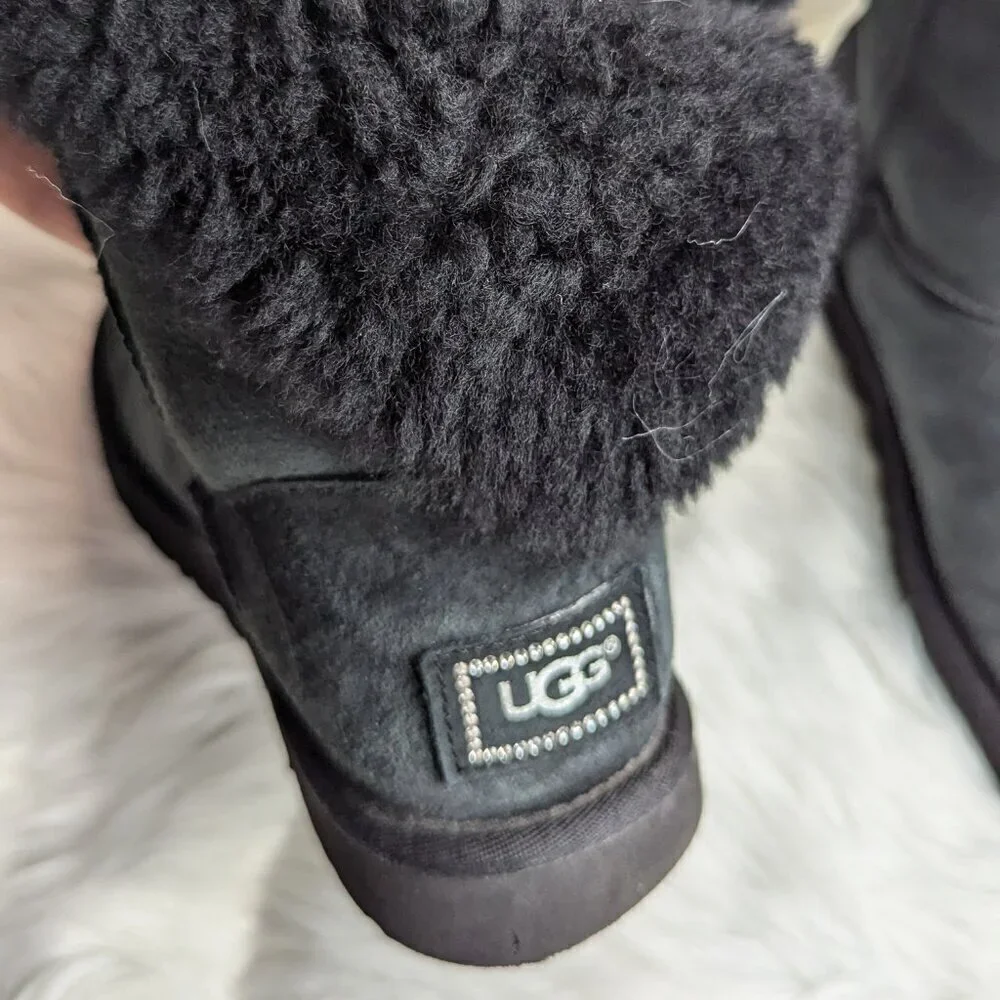UGG Swarovski Bailey Button Bling Black Classic Calf Boots Women's Size US 8